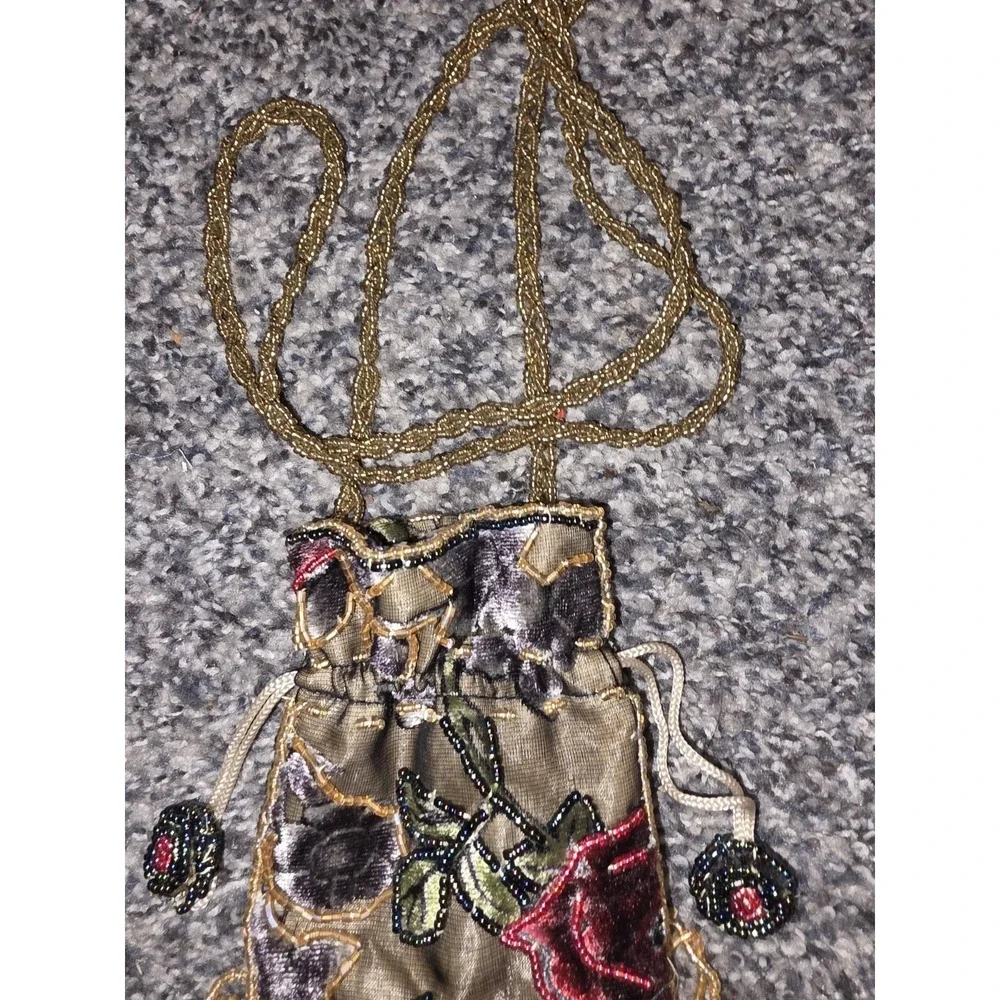 Vintage Style‎ Beaded Drawstring Pouch. Dark Olive Fabric Adorned With Floral...
